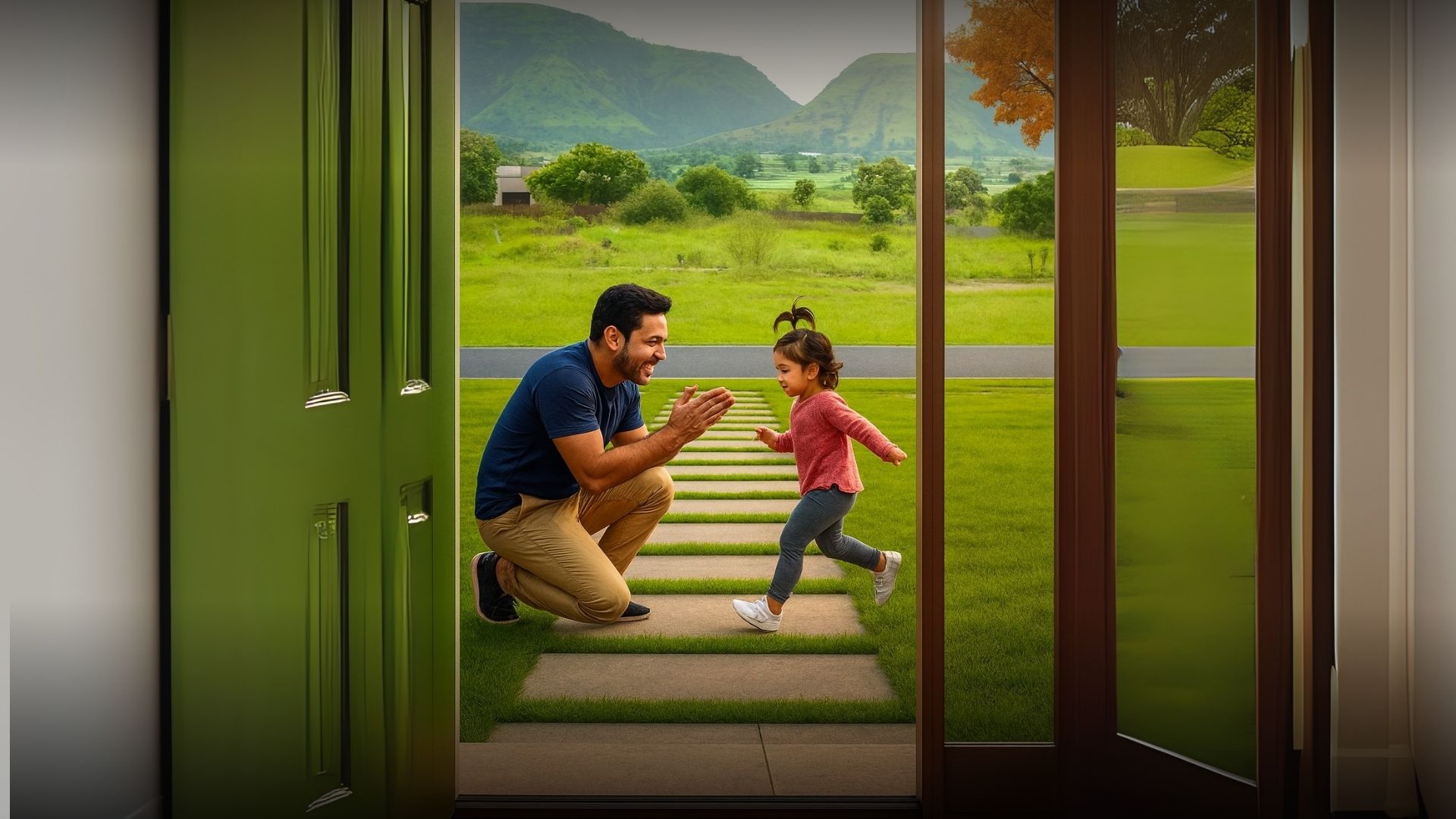 Scenic view of villa and hills